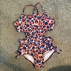 Cat & Jack Orange and Navy Leopard Print Girls One-Piece Swimsuit